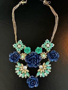 Statement Floral Bib Necklace in Navy and Teal - NIB Adjustable
Length